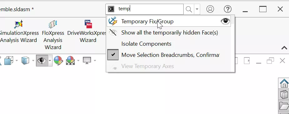 Search for SOLIDWORKS Temporary Fix/Group Command