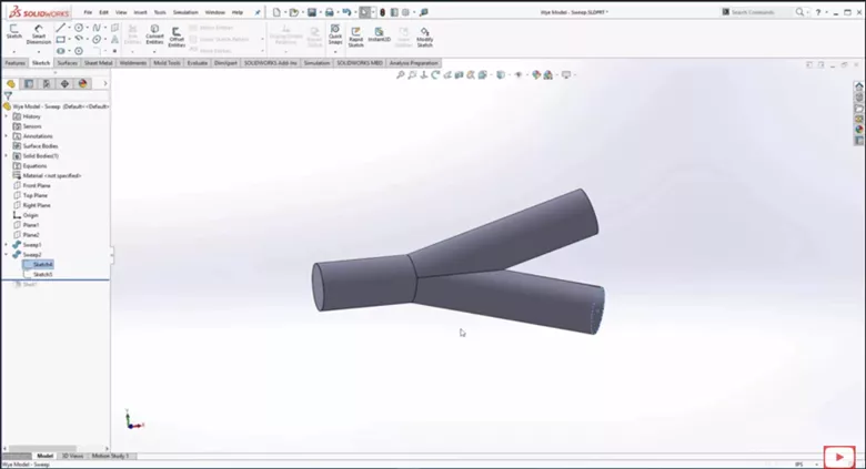 Secondary Sweep on a SOLIDWORKS Wye Pipe Model 