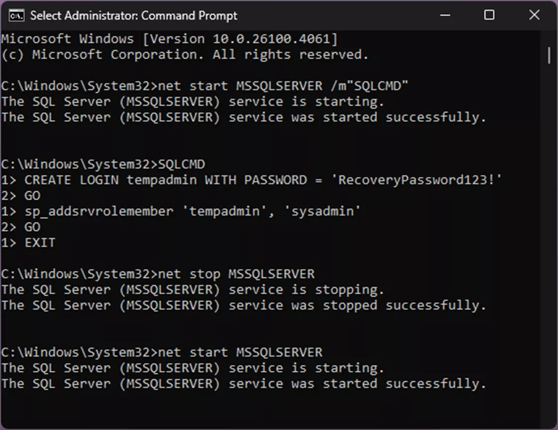 Select Administrator Command Prompt SQL SA Password Reset 