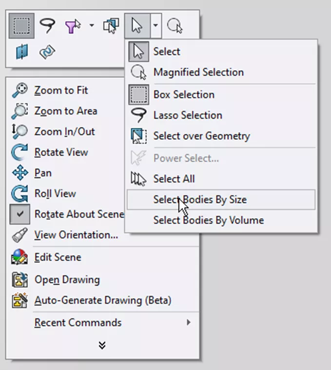 SOLIDWORKS 2026 Select Bodies By Size Command