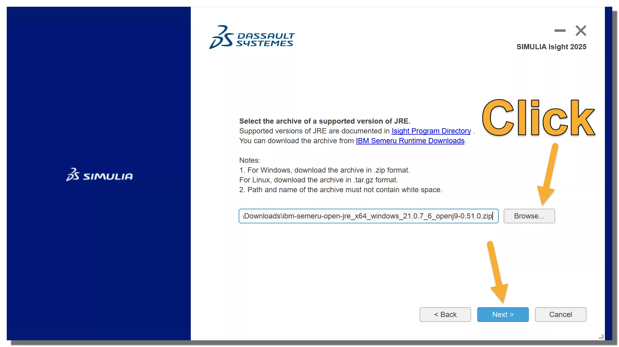 SIMULIA Isight 2025 Select the Archive of a Supported Version of JRE