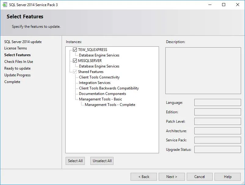 Select Features SQL Server 2014 Service Pack 3