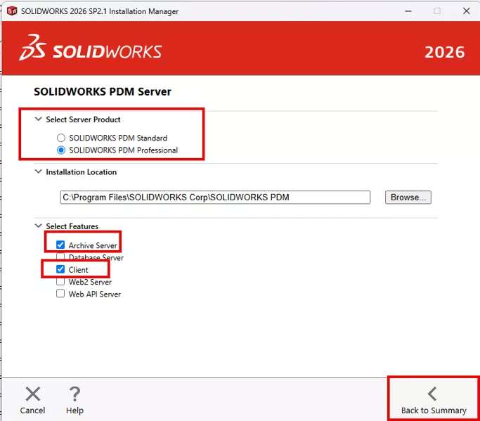 Select Server Product Option in the SOLIDWORKS Installation Manager