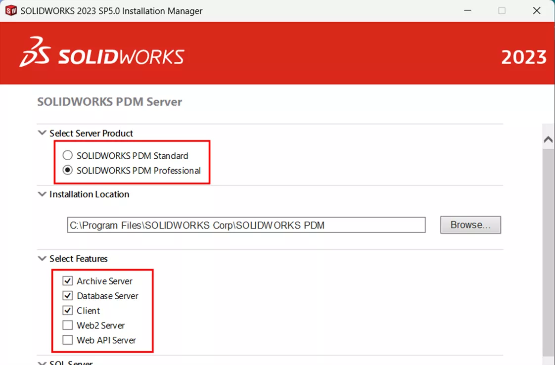 Select SOLIDWORKS PDM Server Products and Features