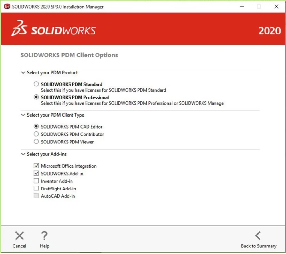 Select SOLIDWORKS 2020 PDM CAD Editor 