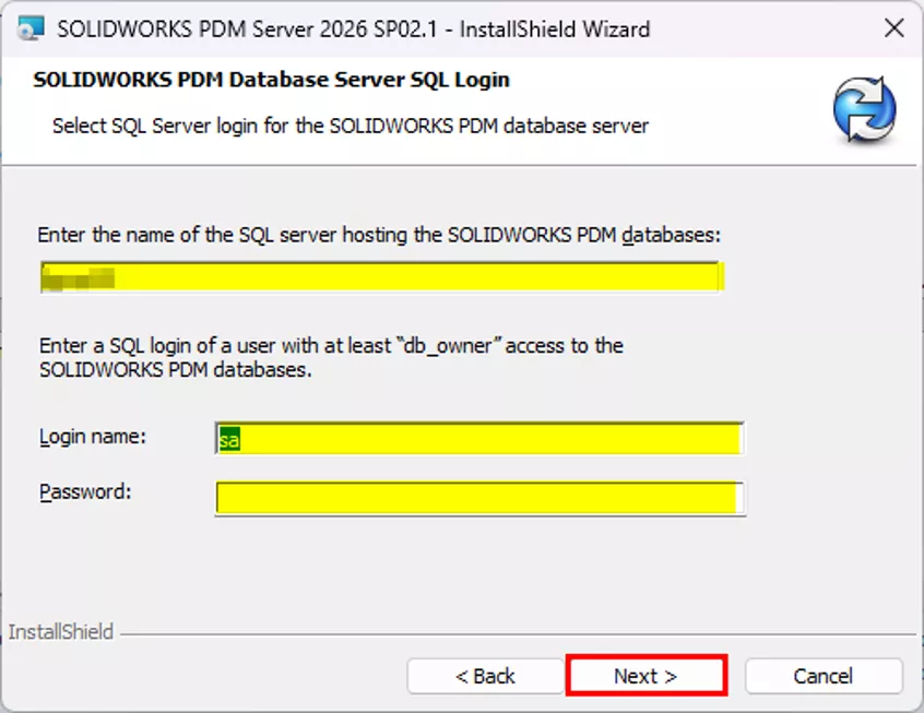 Select SQL Server Login for the SOLIDWORKS PDM Database Server