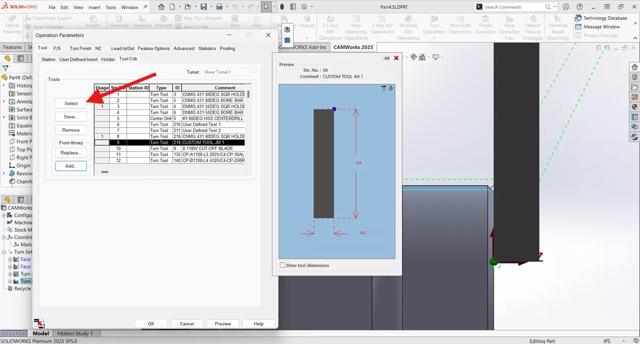 Select a User Defined Tool in CAMWorks Tool Crib