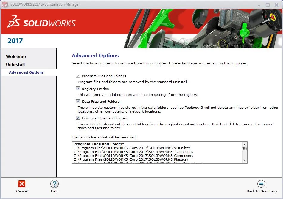 selecting the solidworks items you want removed from your computer
