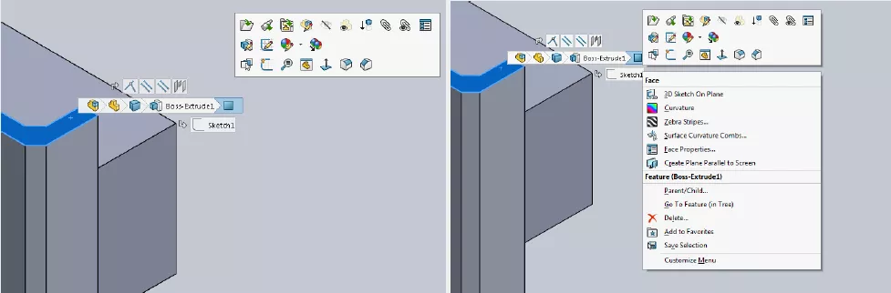 Left-clicking on a face in SOLIDWORKS vs Right-clicking