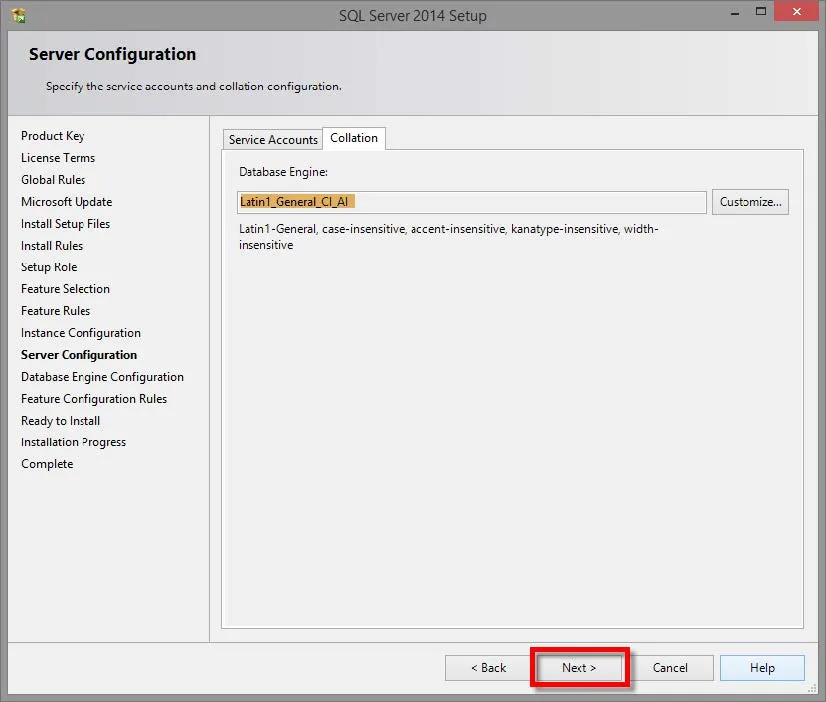 Specify the service accounts and acollation configuration