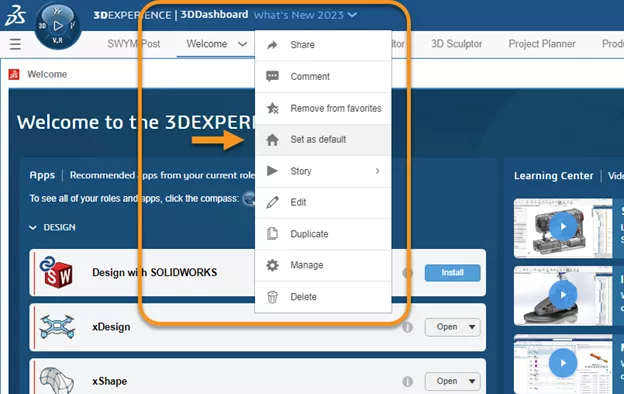 New in the 3DEXPERIENCE Platform for 2023x FD02 is the ability to set a dashboard as a favorite.