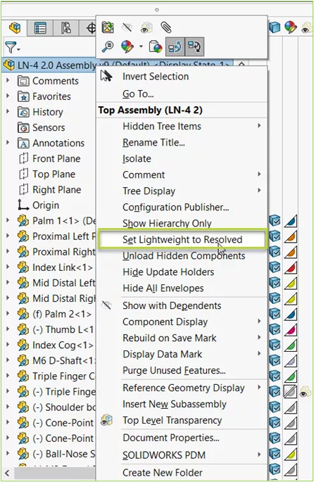Set Lightweight to Resolved Option in SOLIDWORKS 
