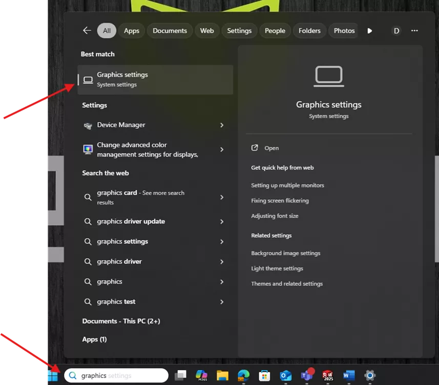 Search for Graphics Settings in the Windows Search