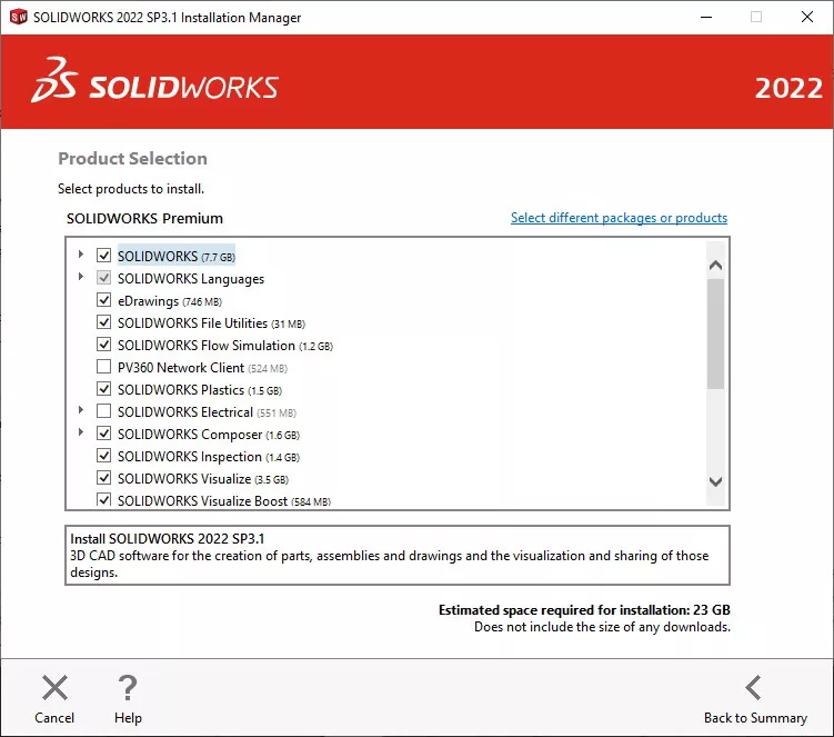 SOLIDWORKS Email Installation Product Selection