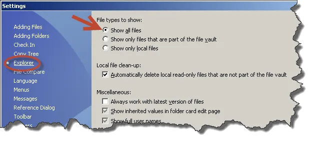 settings show all files enterprise pdm
