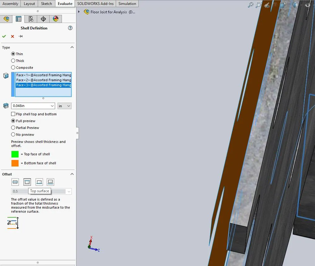 Incorrect shell offset option for a selected face in SOLIDWORKS Simulation