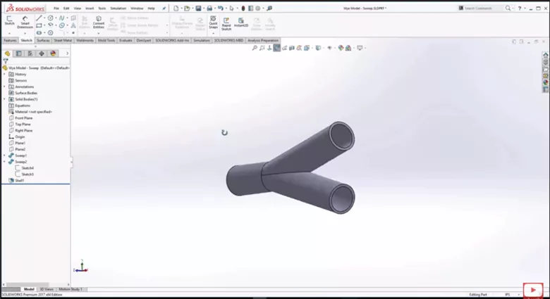 Shelled Wye Pipe in SOLIDWORKS 