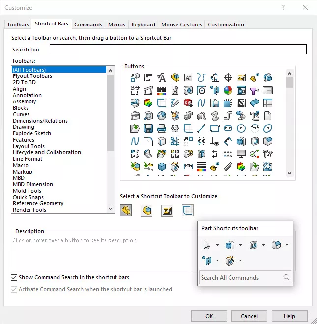 customize shortcuts toolbar solidworks