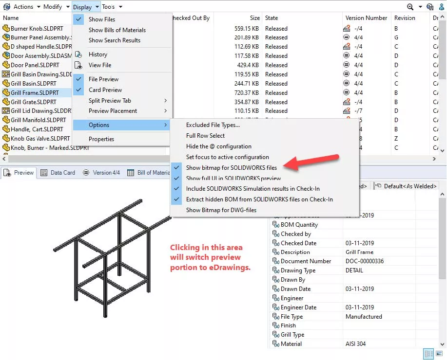 SOLIDWORKS PDM Preview Tab Options Show Bitmap Preview Instead of eDrawings Preview
