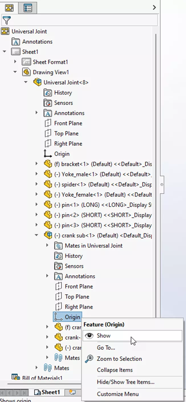 SOLIDWORKS FeatureManager Design Tree Show Origin
