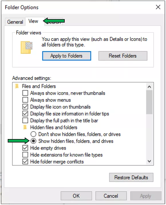 Under folder view options, we've selected "Show hidden files, folders, and drives".