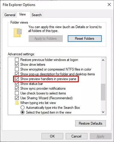 Show Preview Handlers in Preview Pane Windows 10 File Explorer Option