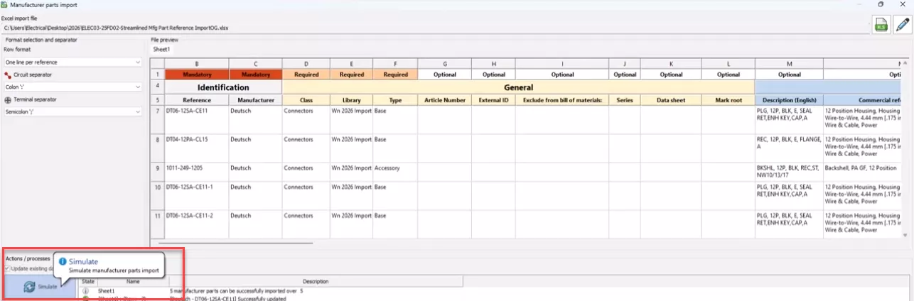 Simulate Manufacturer Part Import in SOLIDWORKS Electrical 2026