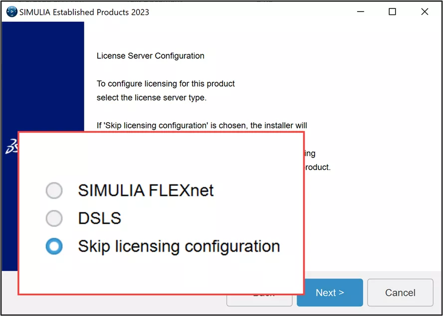 Skip Licensing Configuration Option SIMULIA Established Products Dialog