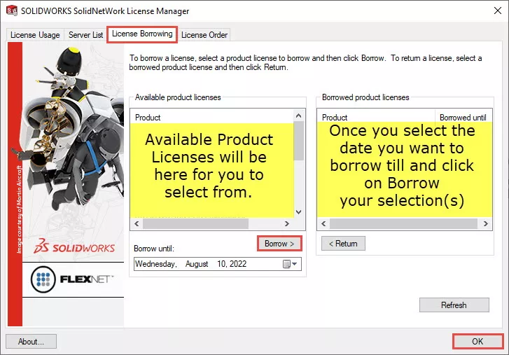 how to borrow a license of SOLIDWORKS
