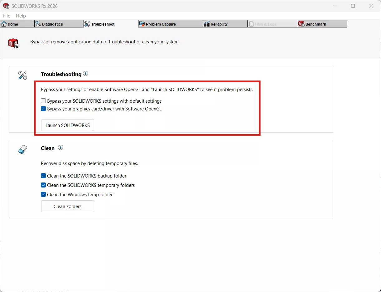 Software OpenGL for SOLIDWORKS 2026 Troubleshooting