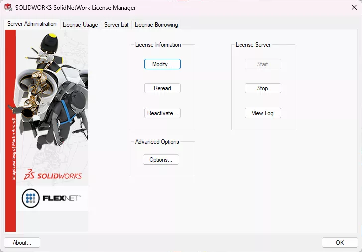Options in the SOLIDWORKS SNL Server Administration Tab