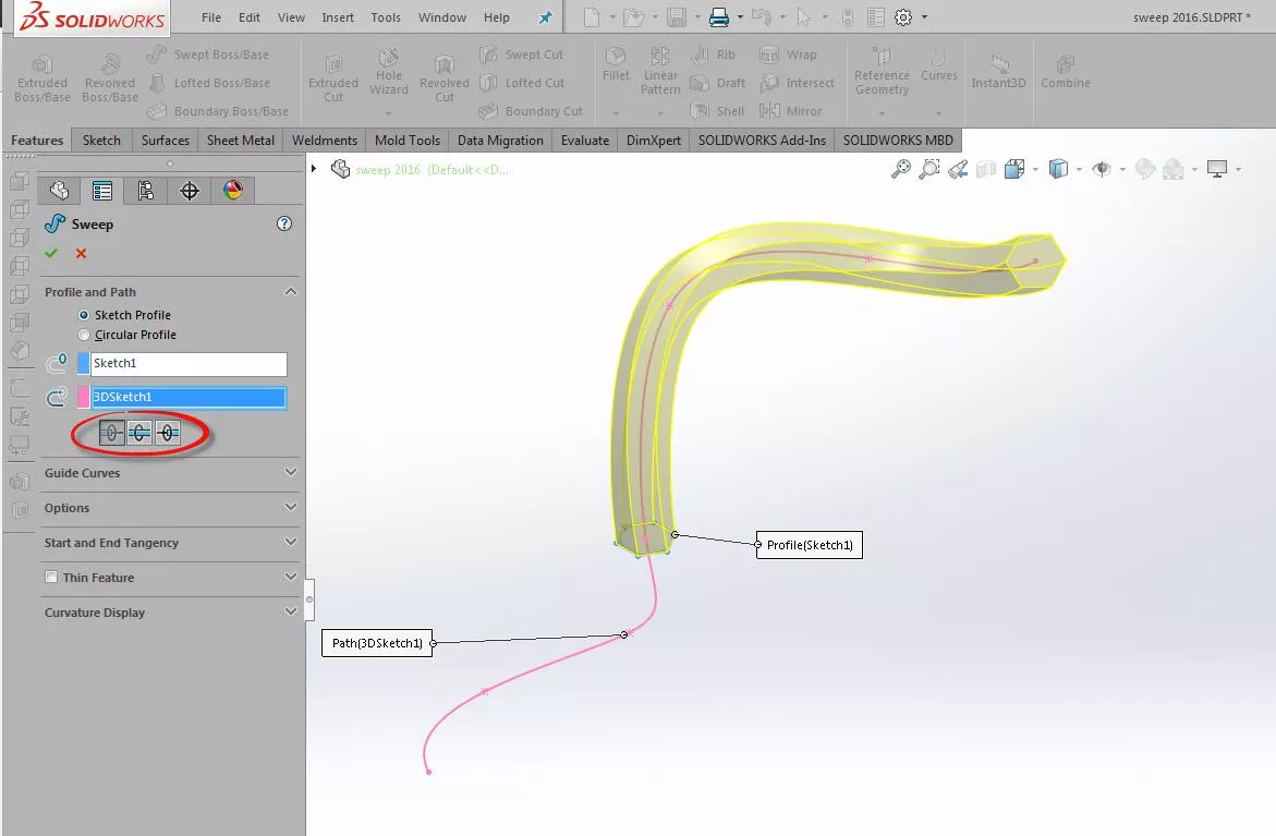 SOLIDWORKS 2016 Swept Boss/Base Command
