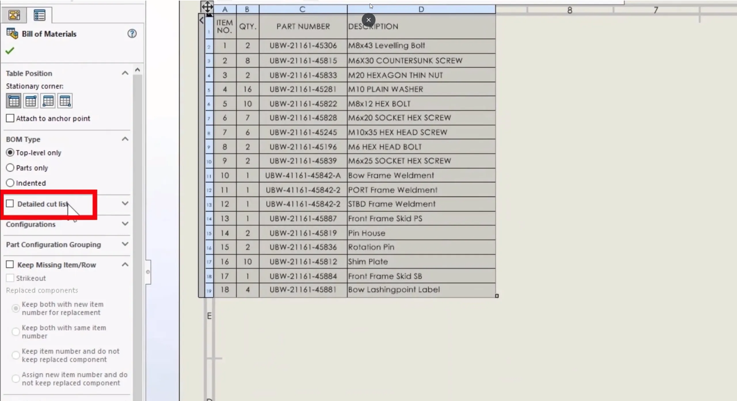 SOLIDWORKS 2022 Cut Lists in Bill of Materials