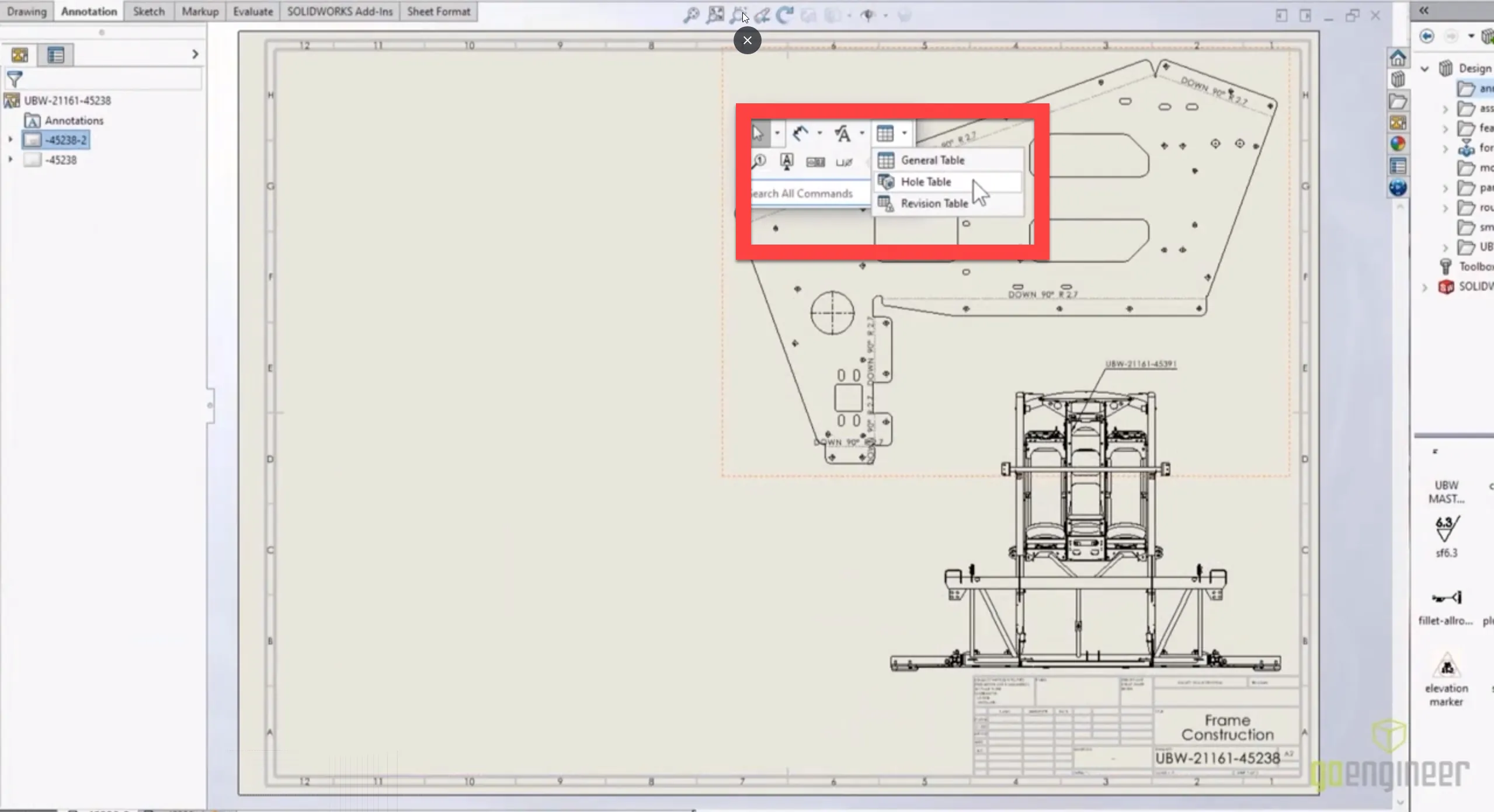 SOLIDWORKS 2022 Hole Table in Detailing Mode