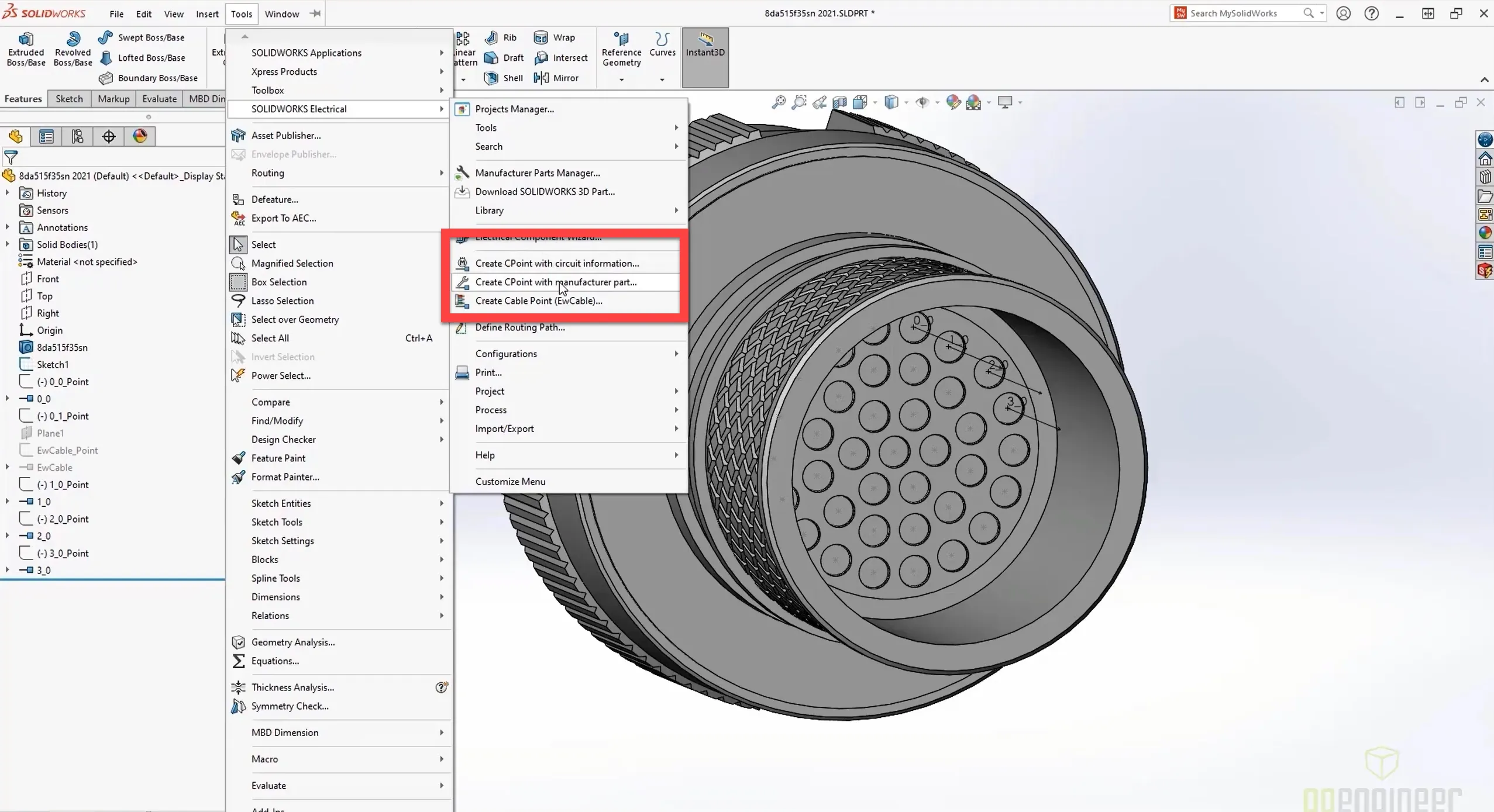 SOLIDWORKS 2022 Routing Create CPoint with manufacturer part