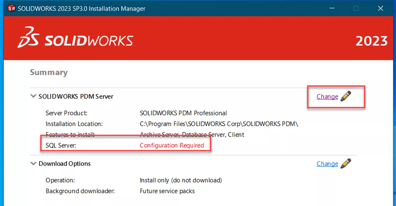 SOLIDWORKS 2023 Installation Manager SQL Server Configuration Required PDM Professional 