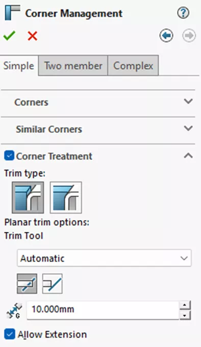 SOLIDWORKS Corner Management Simple Tab