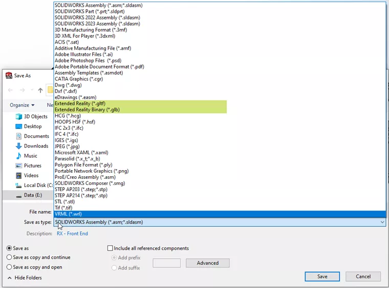 SOLIDWORKS 2024 Extended Reality File Types