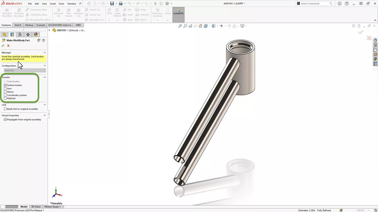 SOLIDWORKS 2024 Multi-Body Part Transfer Options