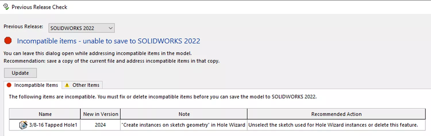 SOLIDWORKS 2024 Previous Release Check Incompatible Items List