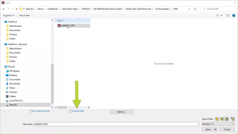 Enable Filter STEP Files SOLIDWORKS 2024