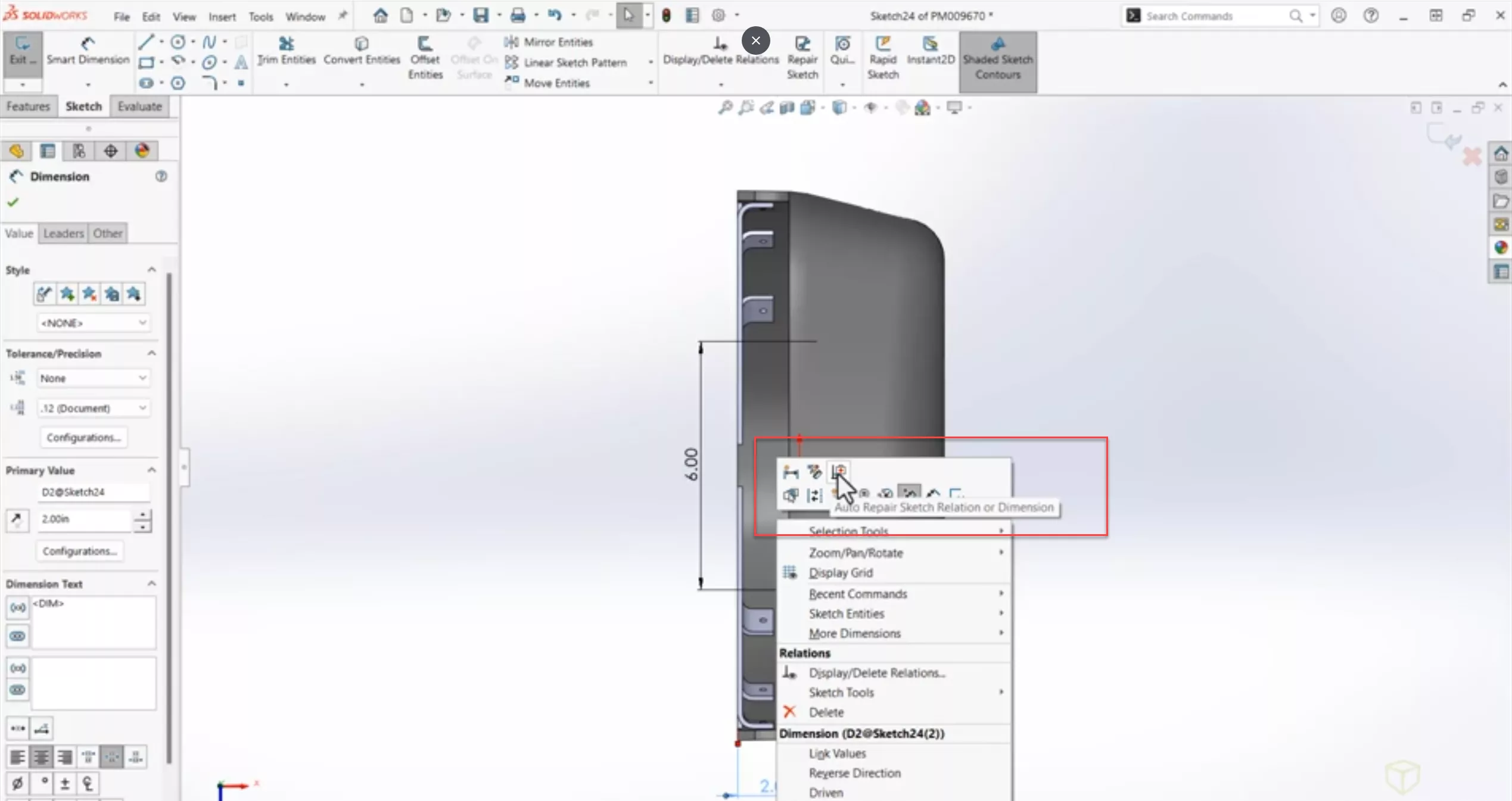 Auto Repair Sketch Relation or Dimension in SOLIDWORKS 2025 Parts and Features 