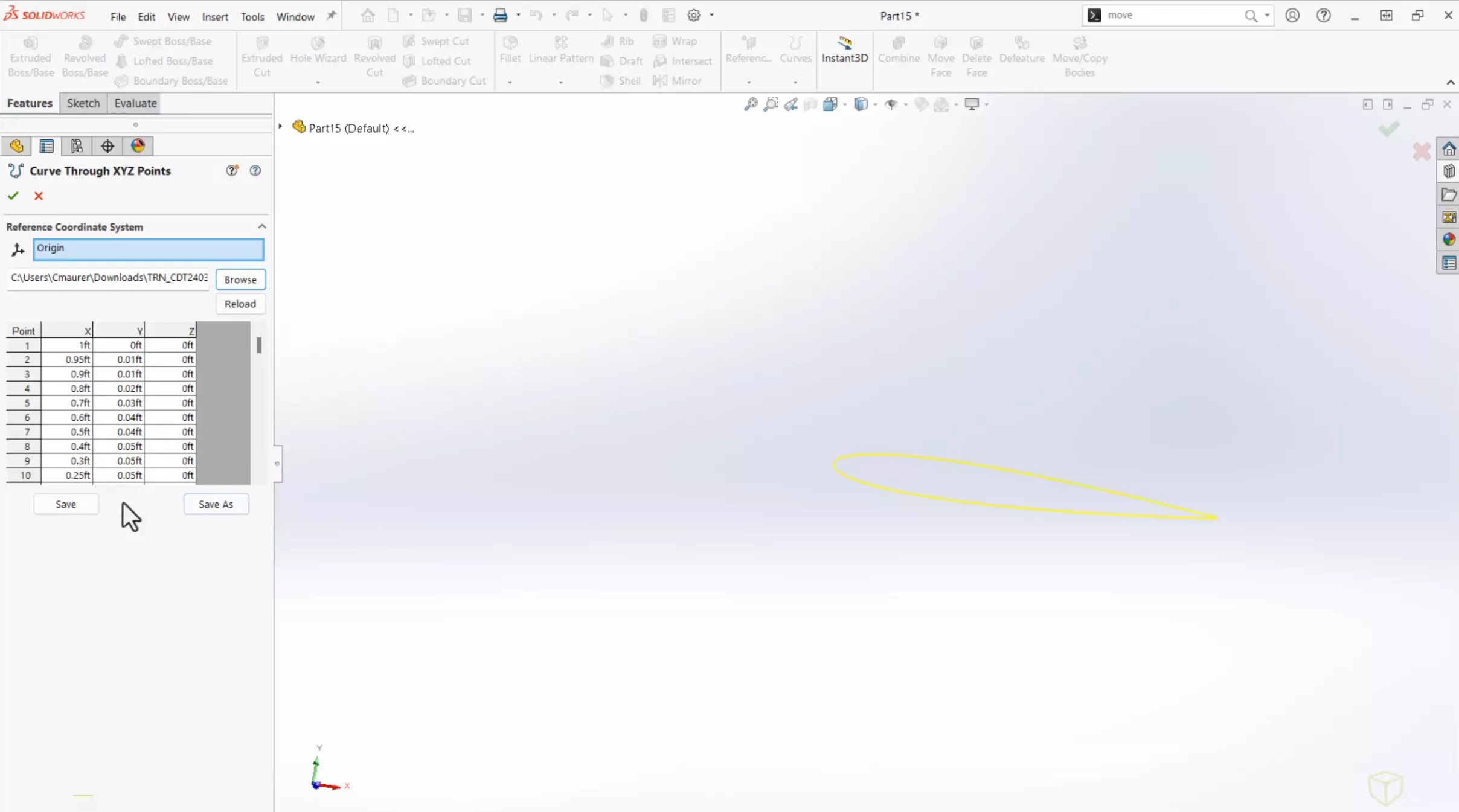 Curve Through XYZ User Interface Updates in SOLIDWORKS 2025