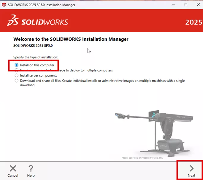 Specify the Type of Installation Install on this Computer SOLIDWORKS Installation Manager