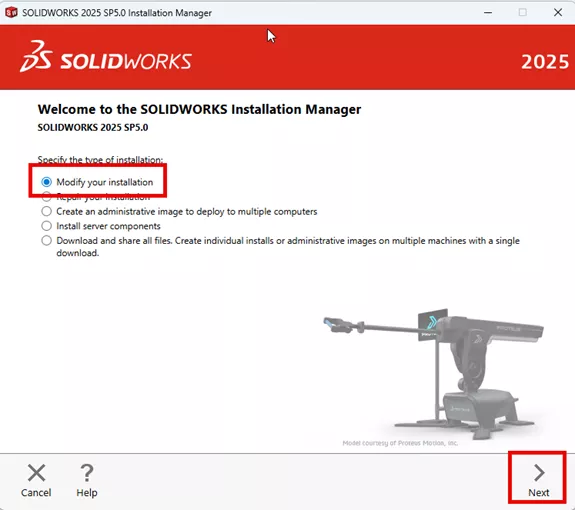 Modify Your Installation Option in the SOLIDWORKS 2025 Installation Manager