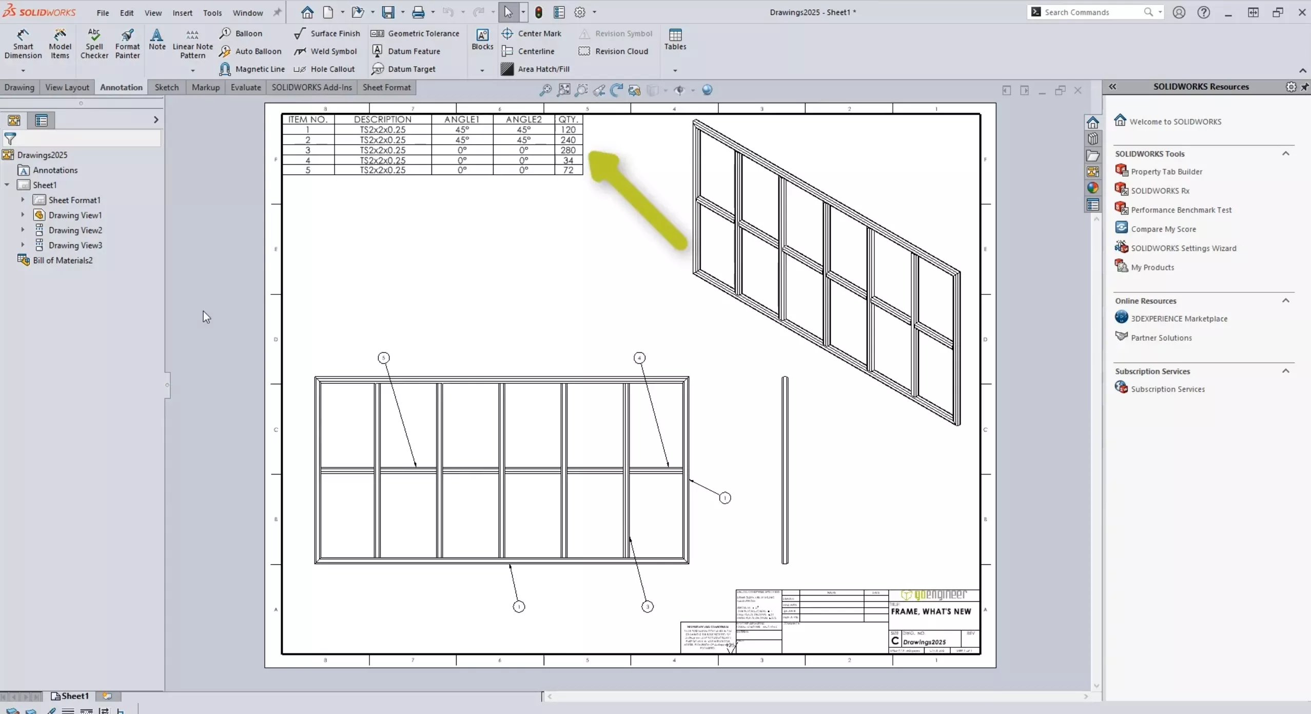 SOLIDWORKS 2025 Weldment Bill of Materials