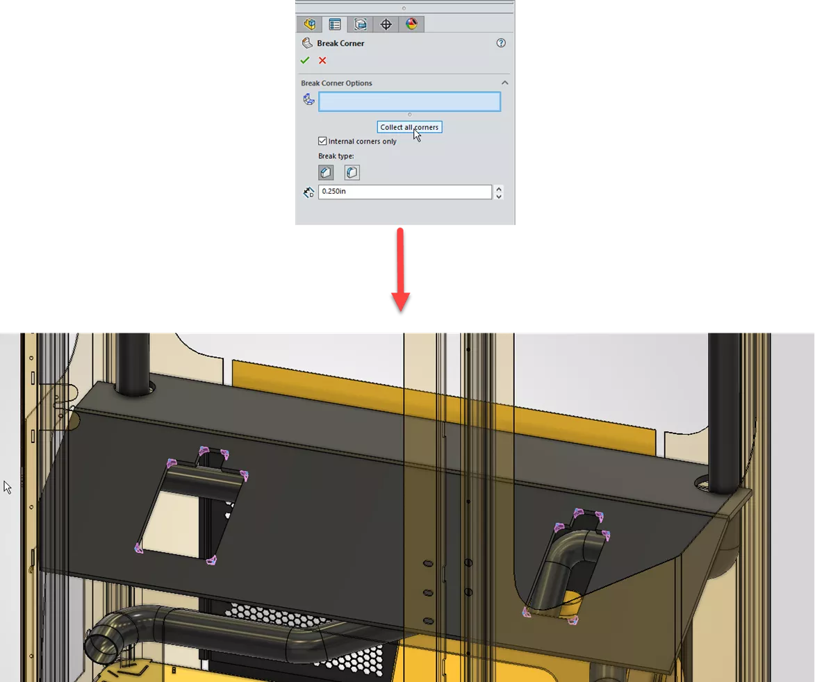 SOLIDWORKS 2026 Break Corner Command Option Internal Corners Only