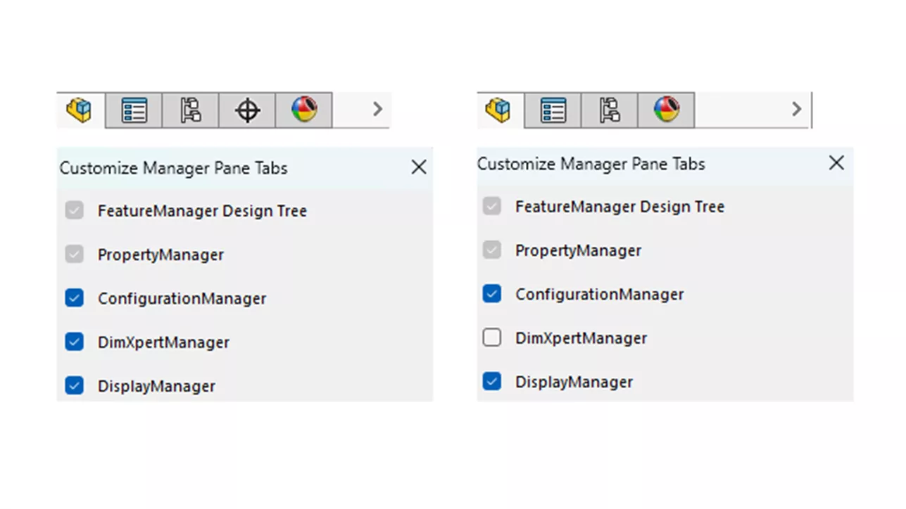 Customize Manager Pane Tabs in SOLIDWORKS 2026