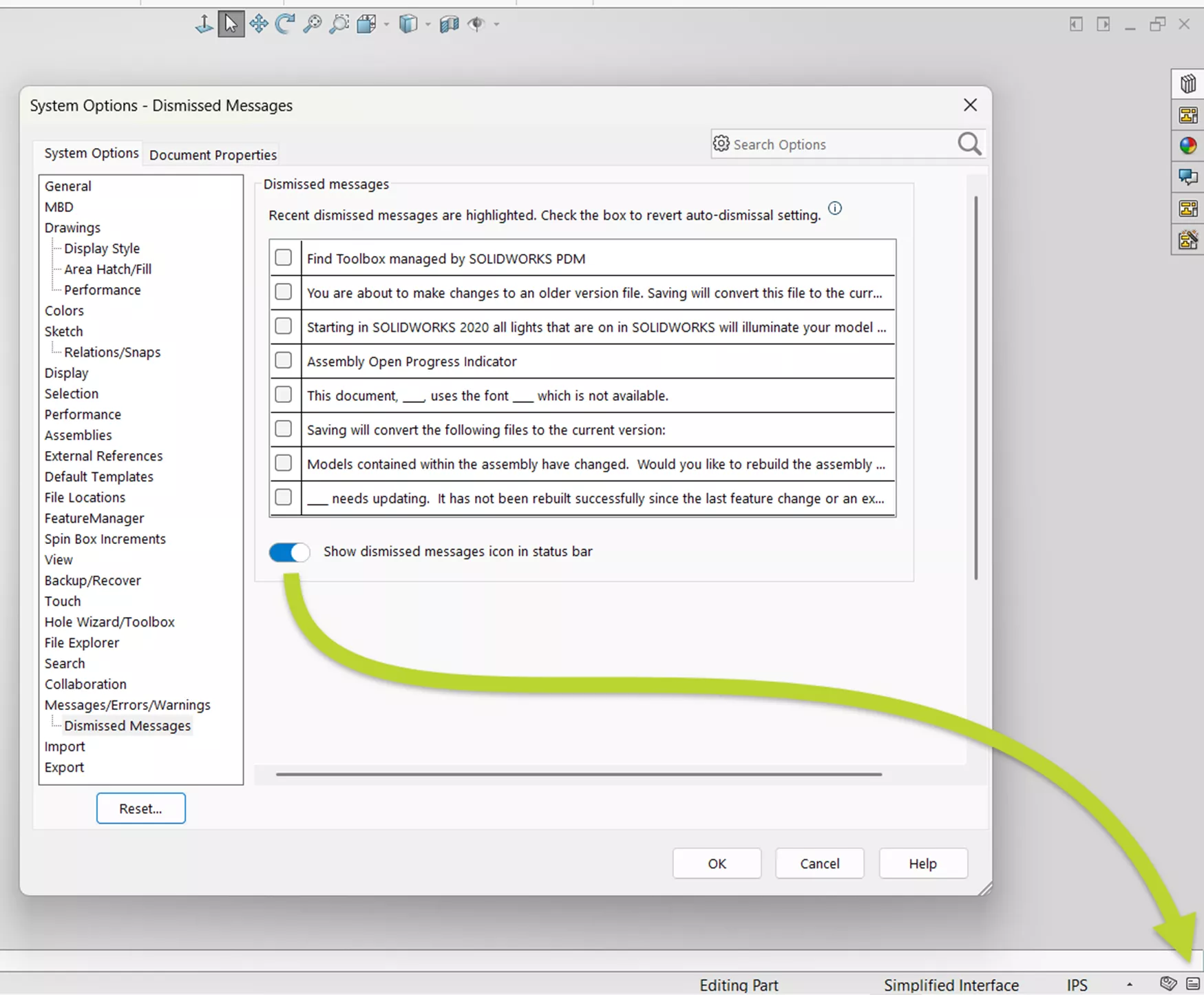 SOLIDWORKS 2026 Dismissed Message Notification