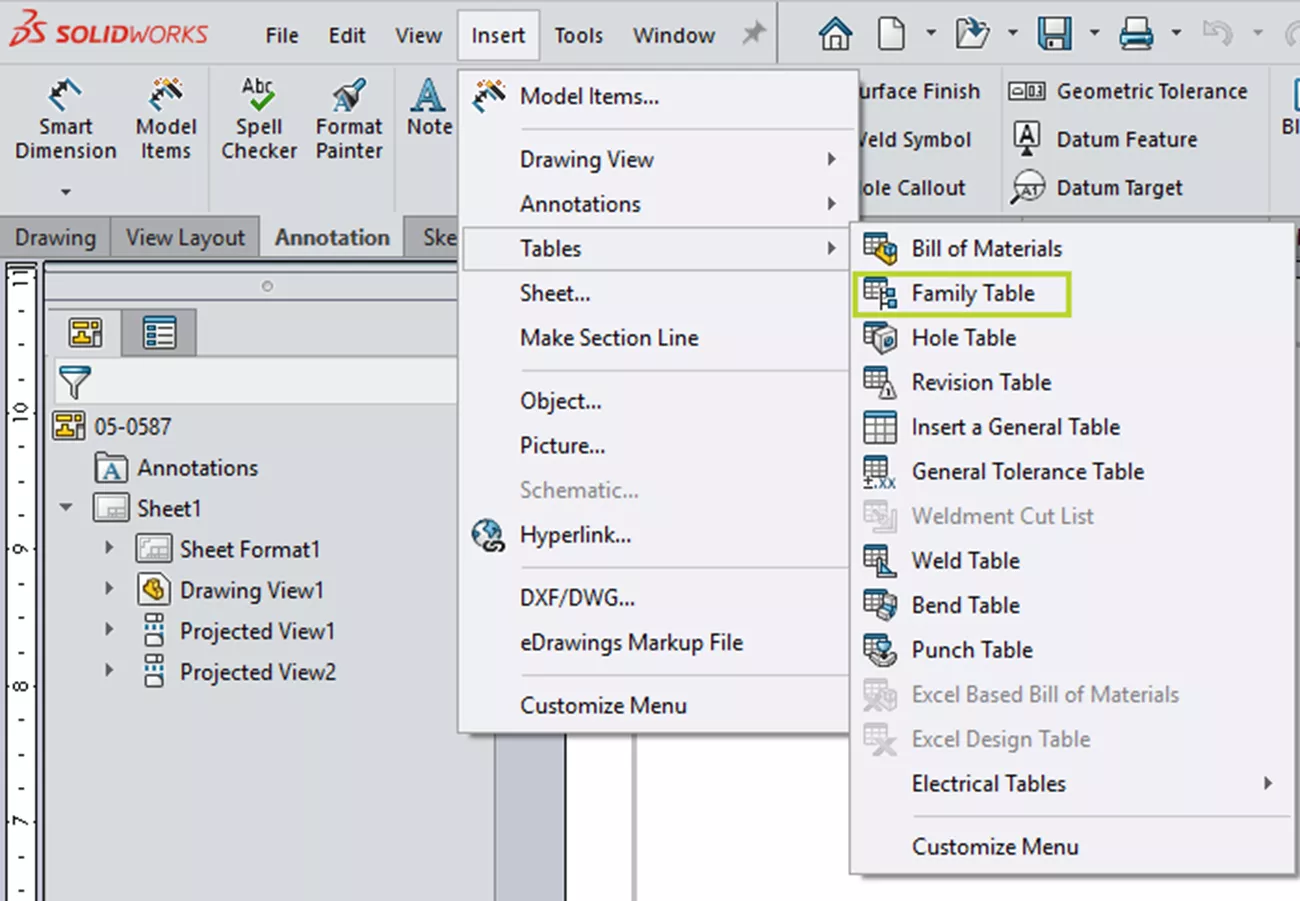 SOLIDWORKS 2026 Family Table Option for Drawings